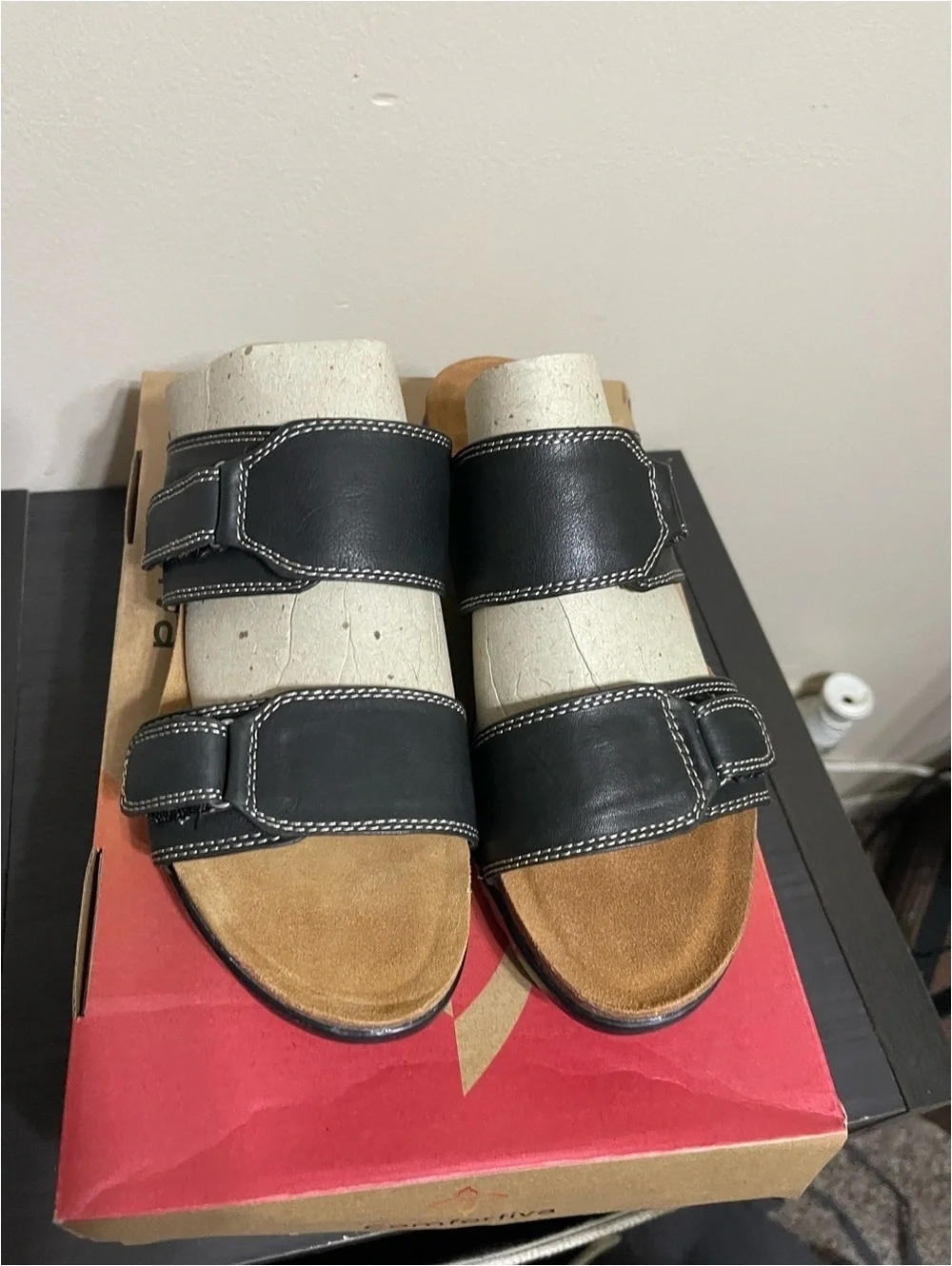 Comfortiva Black Leather Adjustable Strap Sandals with Cushioned Footbed
